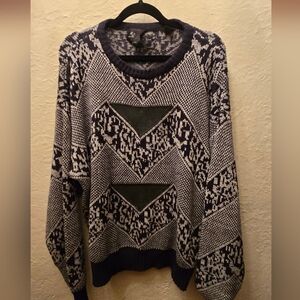 Vintage 90s Oversized Geometric Knit Sweater w/ Leather Patches